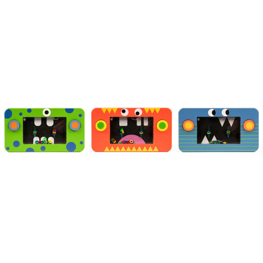 Three colorful rectangular boxes with monster faces: green with blue spots, orange with zigzag teeth, and blue with stripes. Playful and whimsical design.