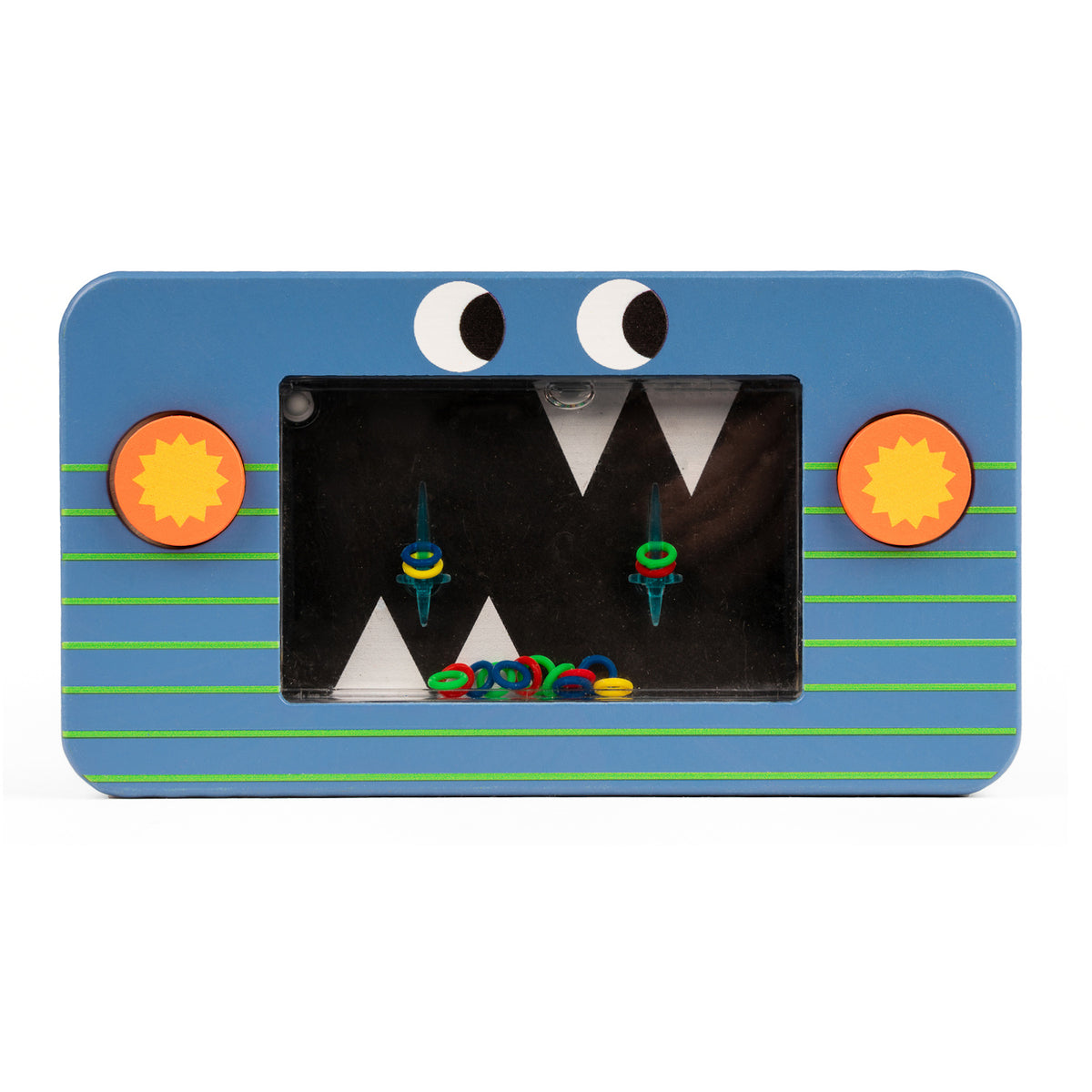 Blue toy resembling a monster with googly eyes, jagged teeth, and colorful rings inside a rectangular frame. Playful and whimsical design.