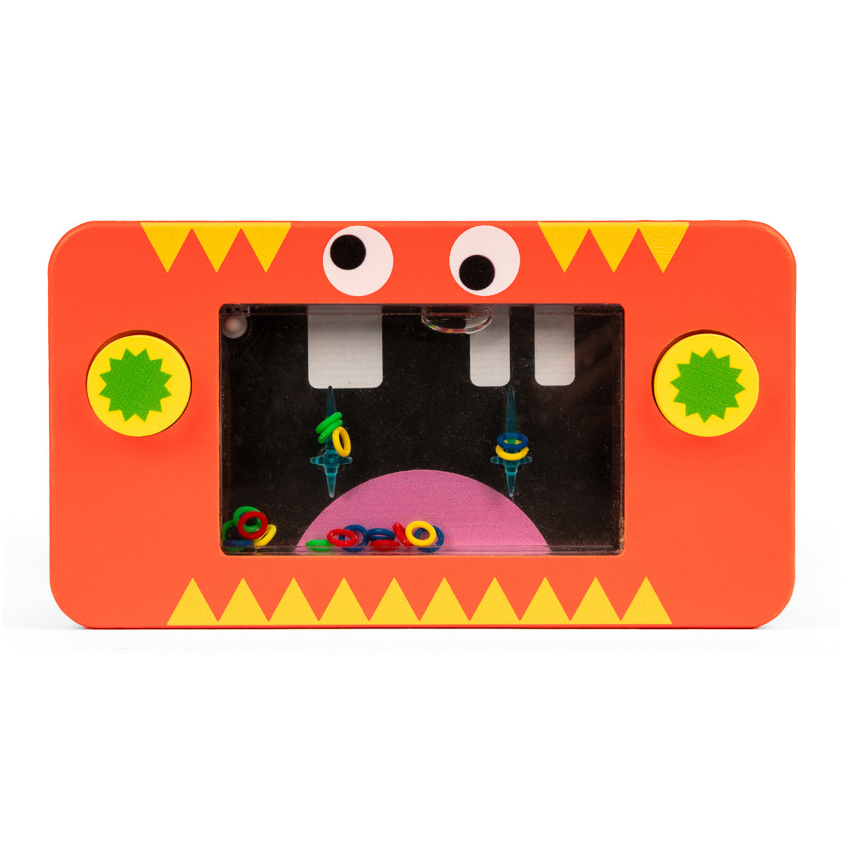 Toy water game with red monster design. Features a clear screen with colorful rings inside and two green buttons. Playful and fun mood.