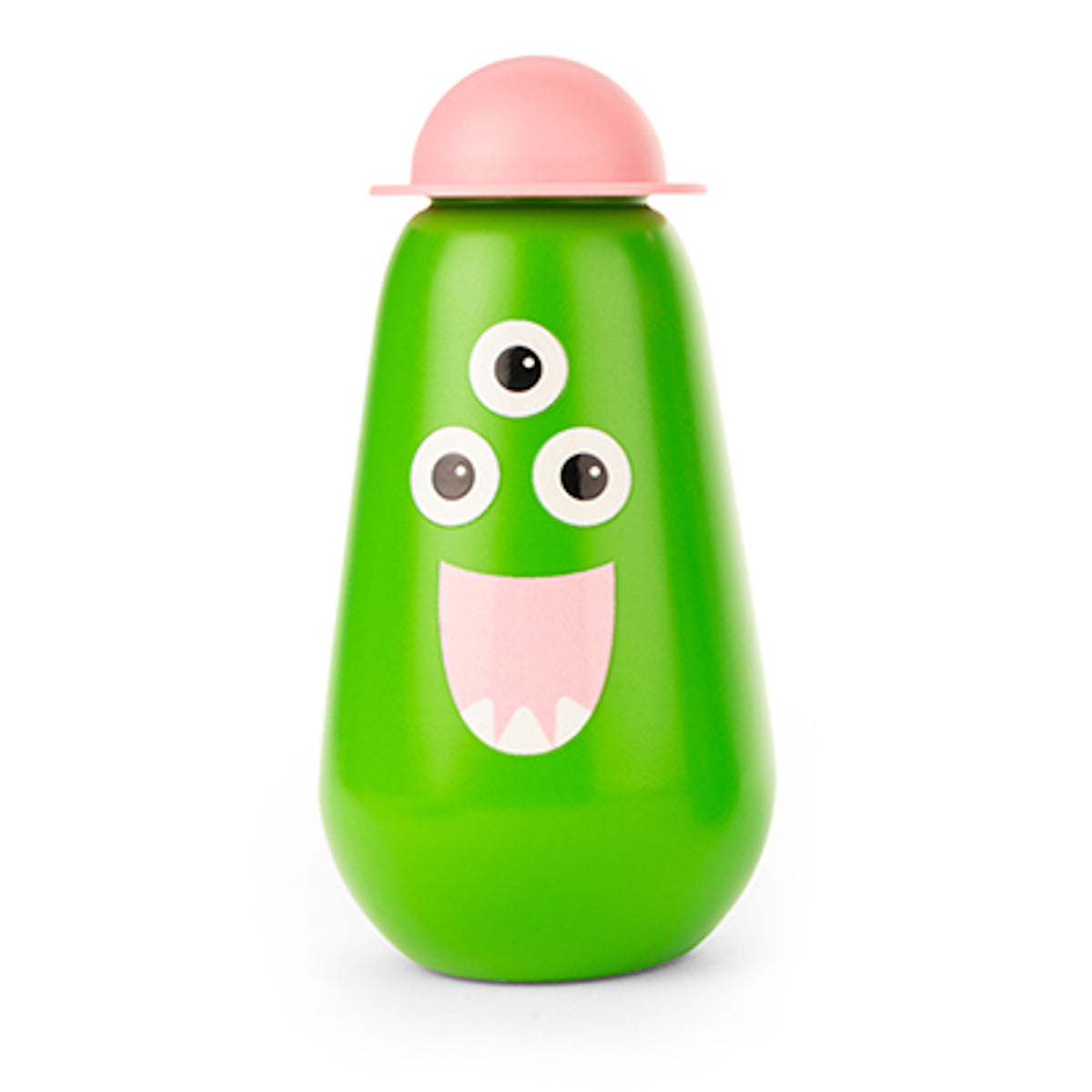 A green bottle with a cartoon face featuring three eyes and a wide, pink smile. It has a round, pink cap, resembling a playful monster design.