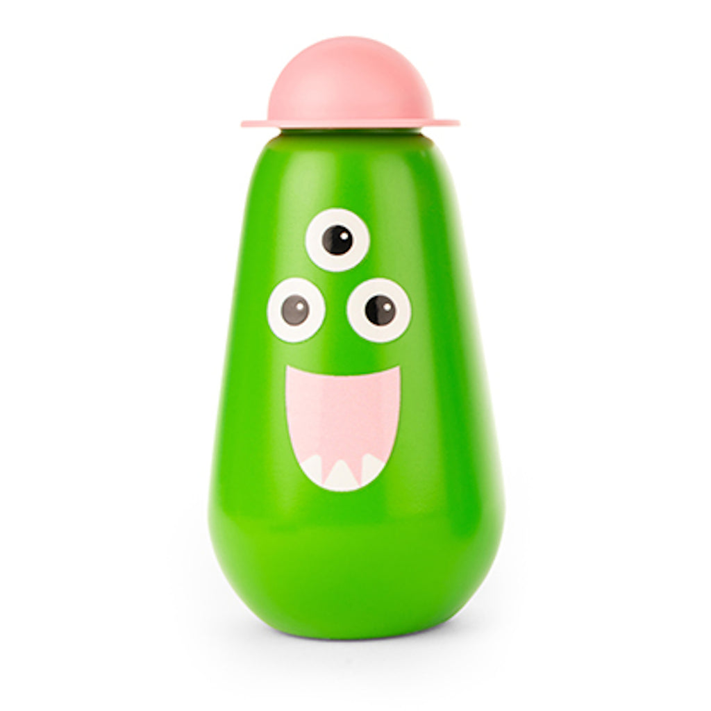 A green bottle with a cartoon face featuring three eyes and a wide, pink smile. It has a round, pink cap, resembling a playful monster design.