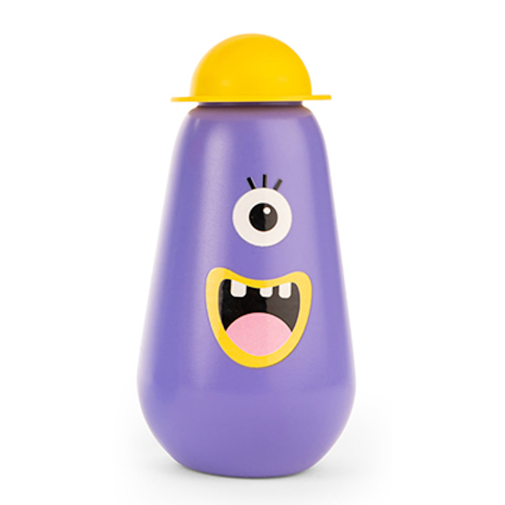 A purple bottle shaped like a friendly monster with one large eye, a wide smile, and a yellow cap. The cartoonish design conveys a playful tone.