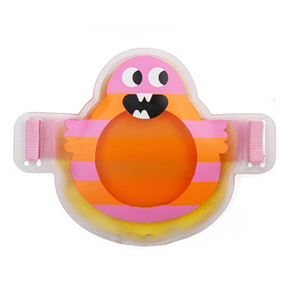 Colorful, playful gel pack in the shape of a friendly monster. It features pink and orange stripes, big eyes, and a wide grin, fastened with pink straps.