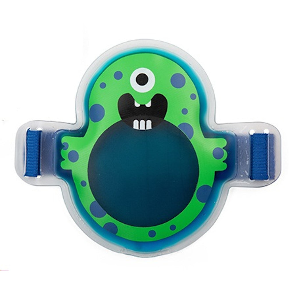 A cute green monster-shaped ice pack with a single eye, big mouth, and polka dots. The playful design features blue straps on each side.