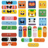 Colorful adhesive bandages with playful animal and monster faces. Designs include tigers, pandas, and owls, with vibrant colors like orange, blue, and green.