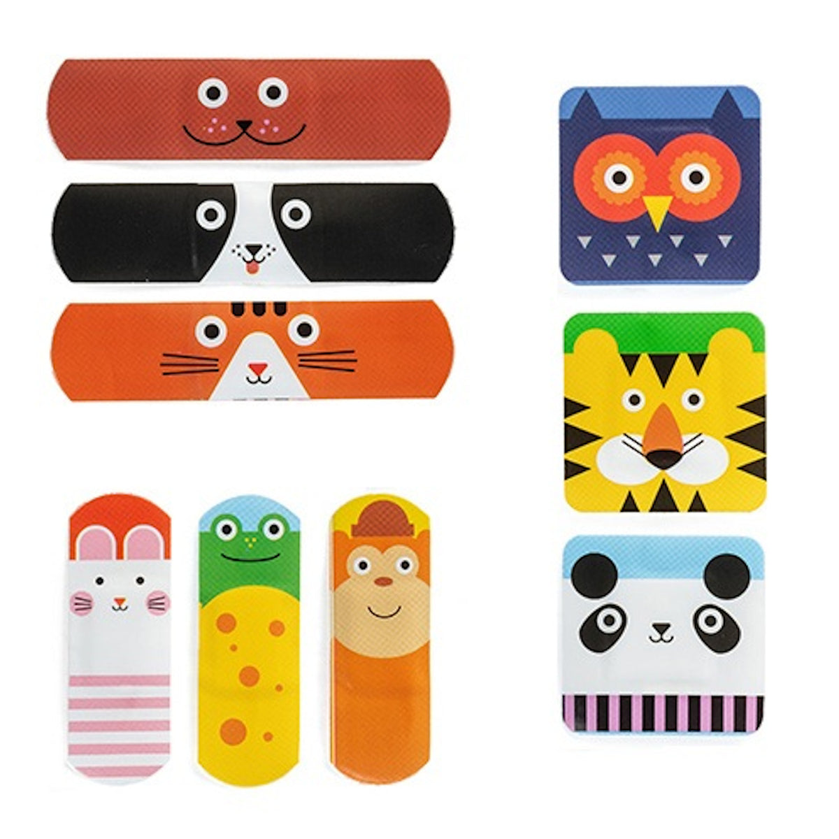 Colorful cartoon band-aids featuring cute animal faces, including a dog, owl, rabbit, frog, and panda. Bright, playful, and cheerful design.