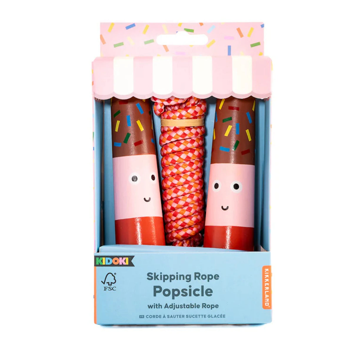 Kidoki by Kikkerland Popsicle Skipping Rope with adjustable braided cord in colorful ice cream themed packaging.