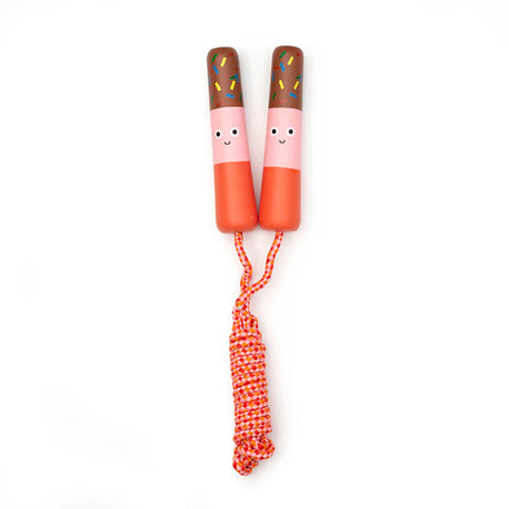Kidoki popsicle-shaped kids skipping rope with cute smiley face wooden handles and colorful braided cord.