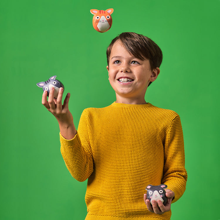 Boy in a yellow sweater smiles while juggling three colorful animal-shaped balls against a vivid green background, conveying joy and playfulness.