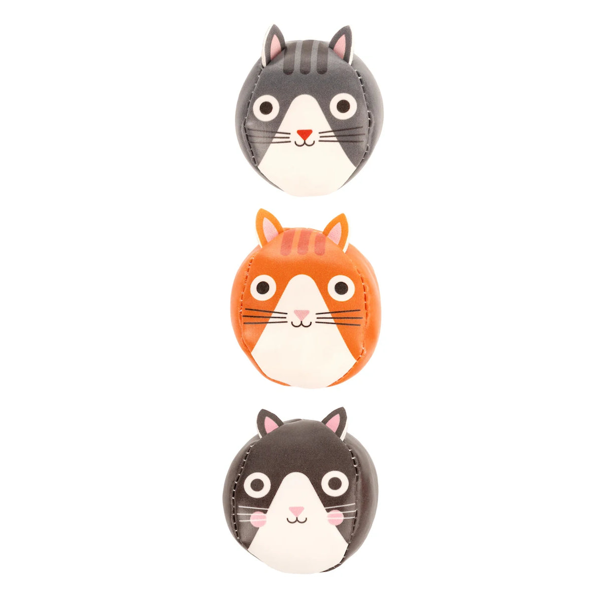 Three round, cartoon cat faces stacked vertically. The top cat is gray with stripes, the middle is orange, and the bottom is dark with white features.