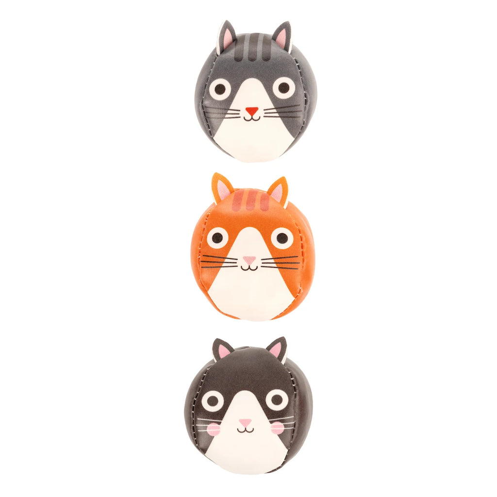 Three round, cartoon cat faces stacked vertically. The top cat is gray with stripes, the middle is orange, and the bottom is dark with white features.
