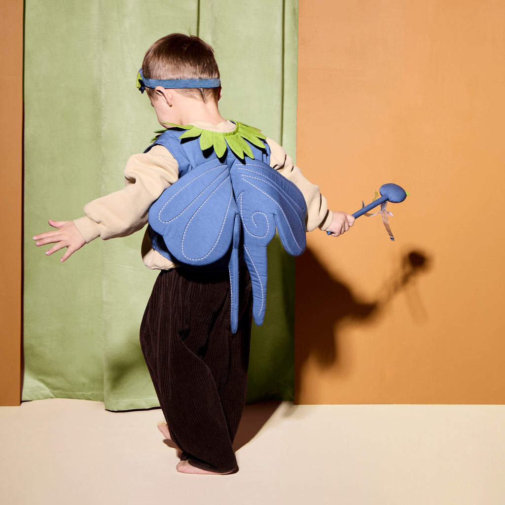 A blue butterfly costume with green accents, featuring wings, a headband, and a wand.
