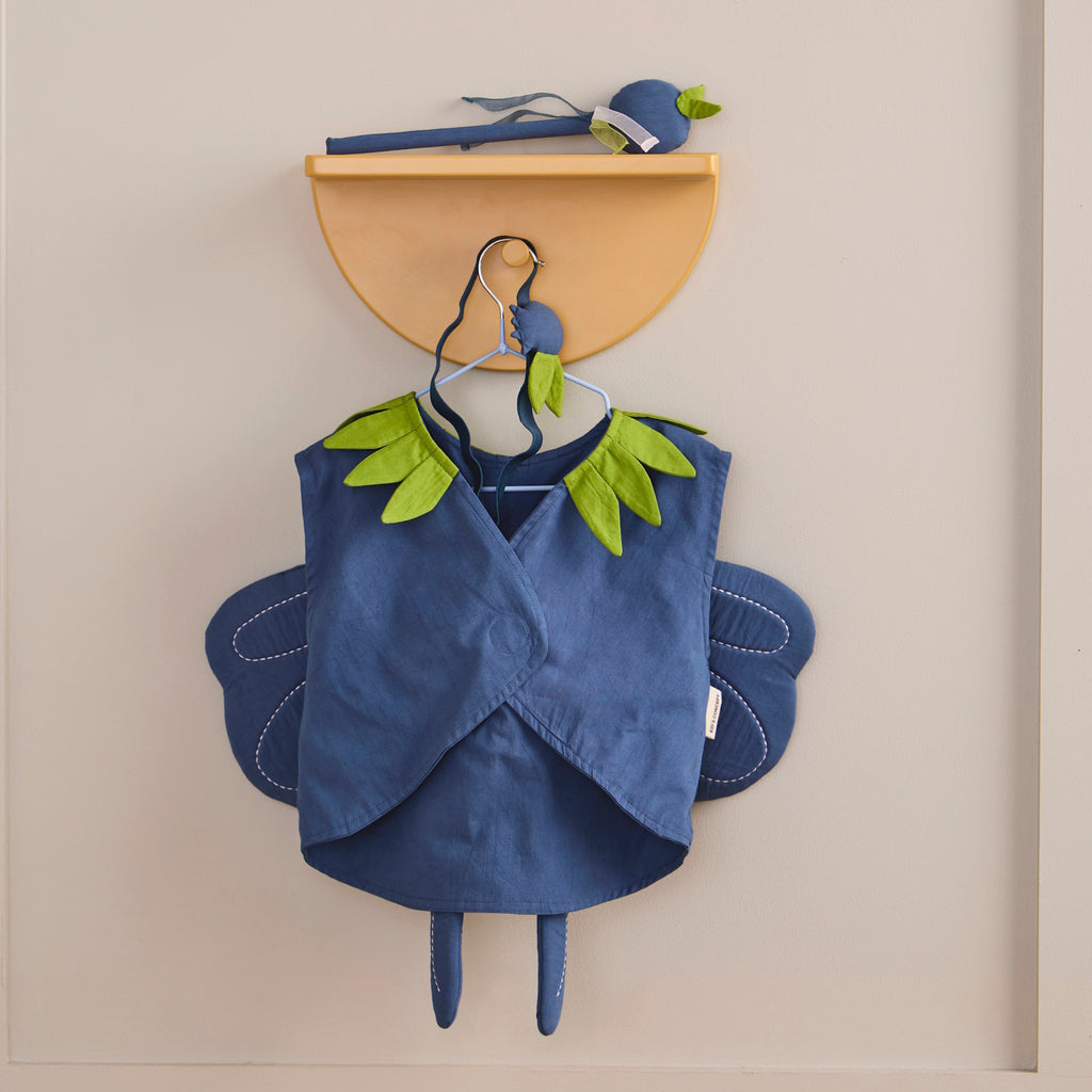 A blue butterfly costume with green accents, featuring wings, a headband, and a wand.