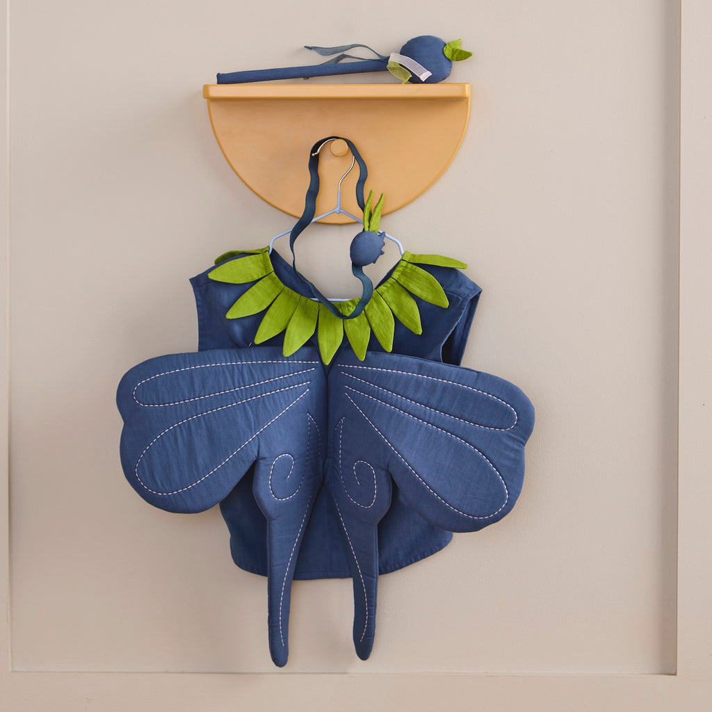 A blue butterfly costume with green accents, featuring wings, a headband, and a wand.