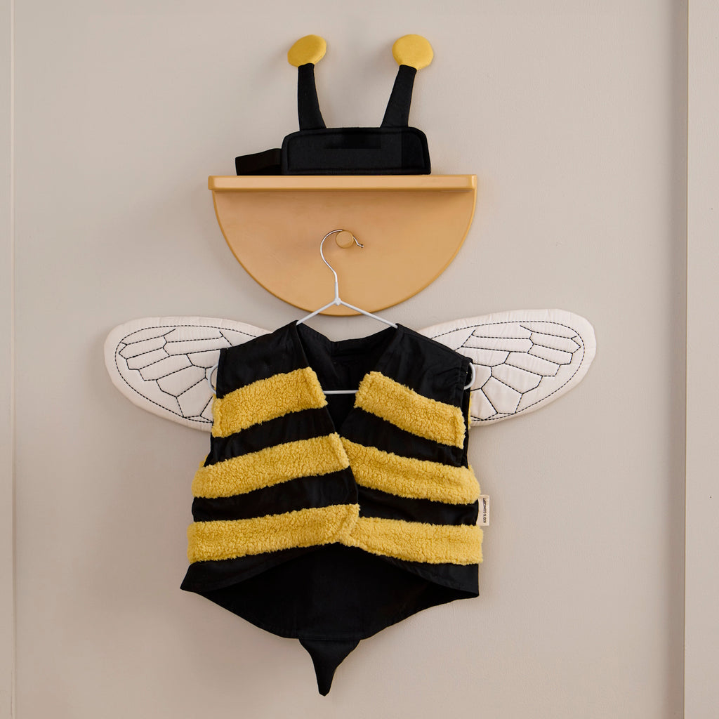 A playful bee costume for pets featuring yellow and black stripes, translucent wings with vein details, and a black headband with yellow pom antennas.