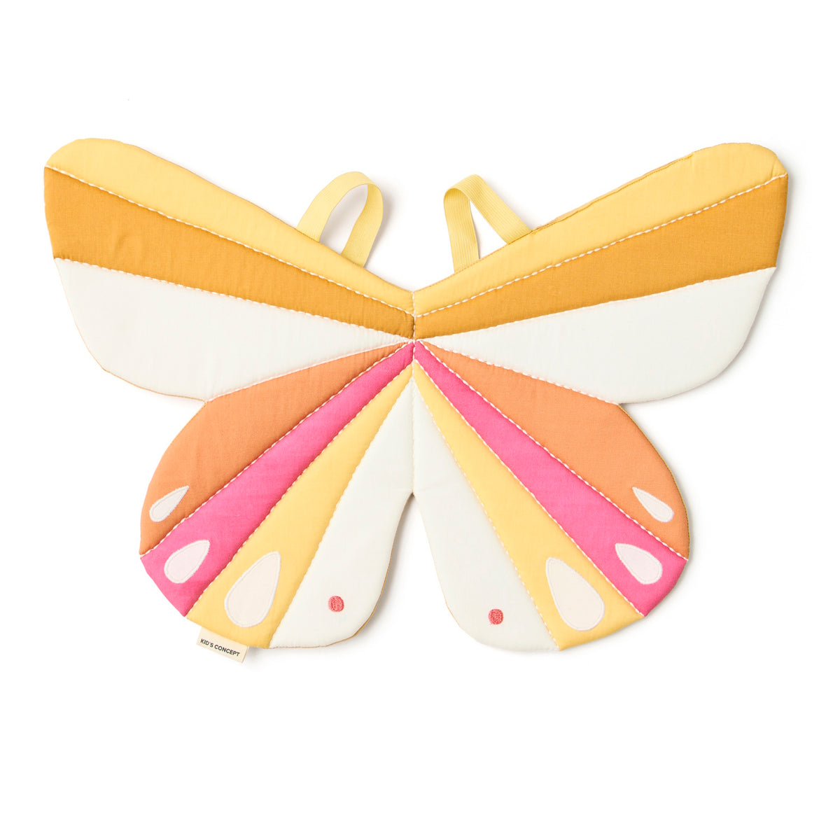 Fabric dress-up butterfly wings in yellow, orange, pink, and white shades with yellow shoulder straps.