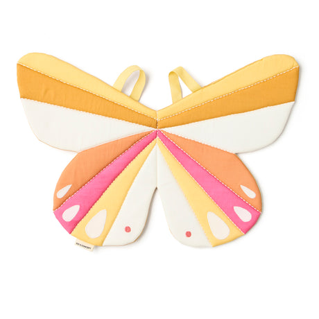 Fabric dress-up butterfly wings in yellow, orange, pink, and white shades with yellow shoulder straps.