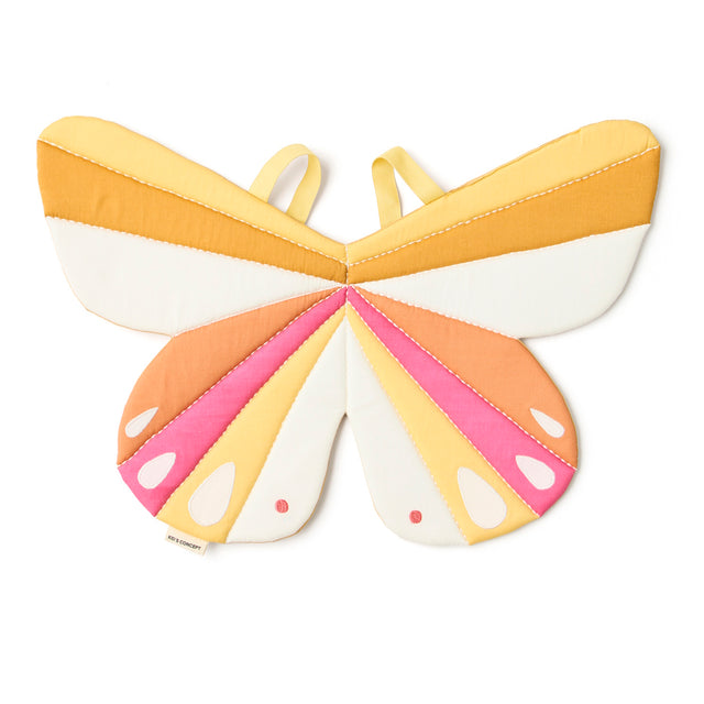 Fabric dress-up butterfly wings in yellow, orange, pink, and white shades with yellow shoulder straps.