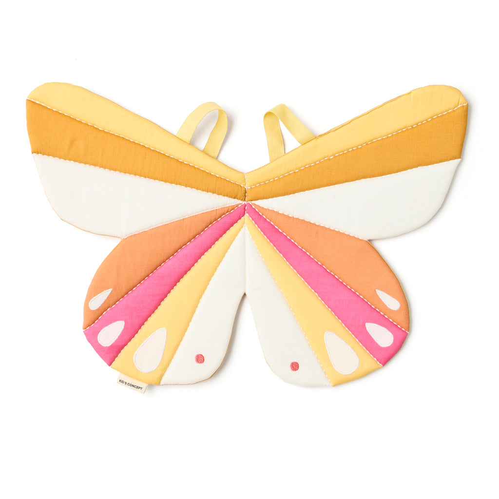 Colorful fabric butterfly-shaped costume, features vibrant wings in pink, orange, yellow, and white, radiating a cheerful and playful tone.
