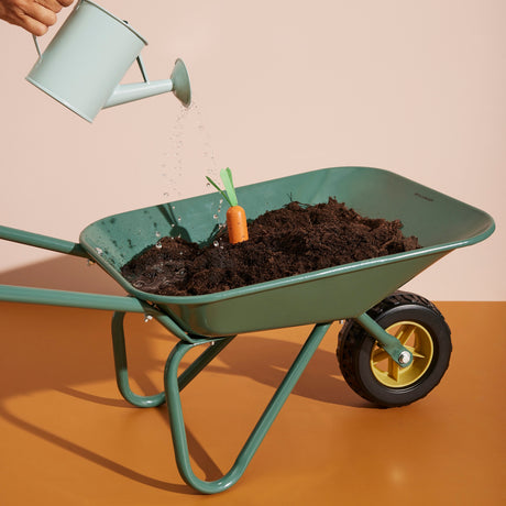 Water pouring from a light green watering can onto a toy wooden carrot planted in soil inside a green wheelbarrow.