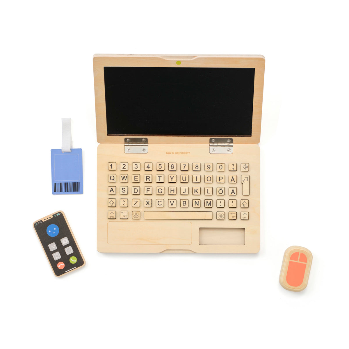 Wooden toy laptop set with a chalkboard screen, toy smartphone, mouse, and ID badge.