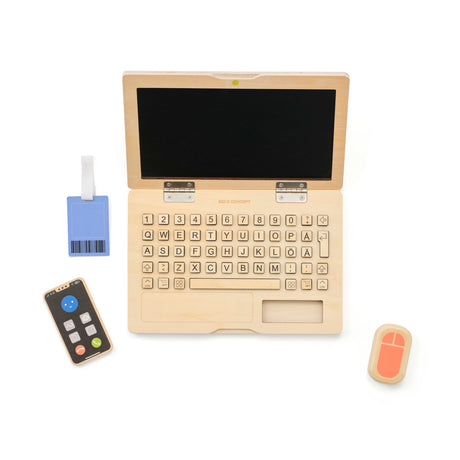 Wooden toy laptop set with a chalkboard screen, toy smartphone, mouse, and ID badge.