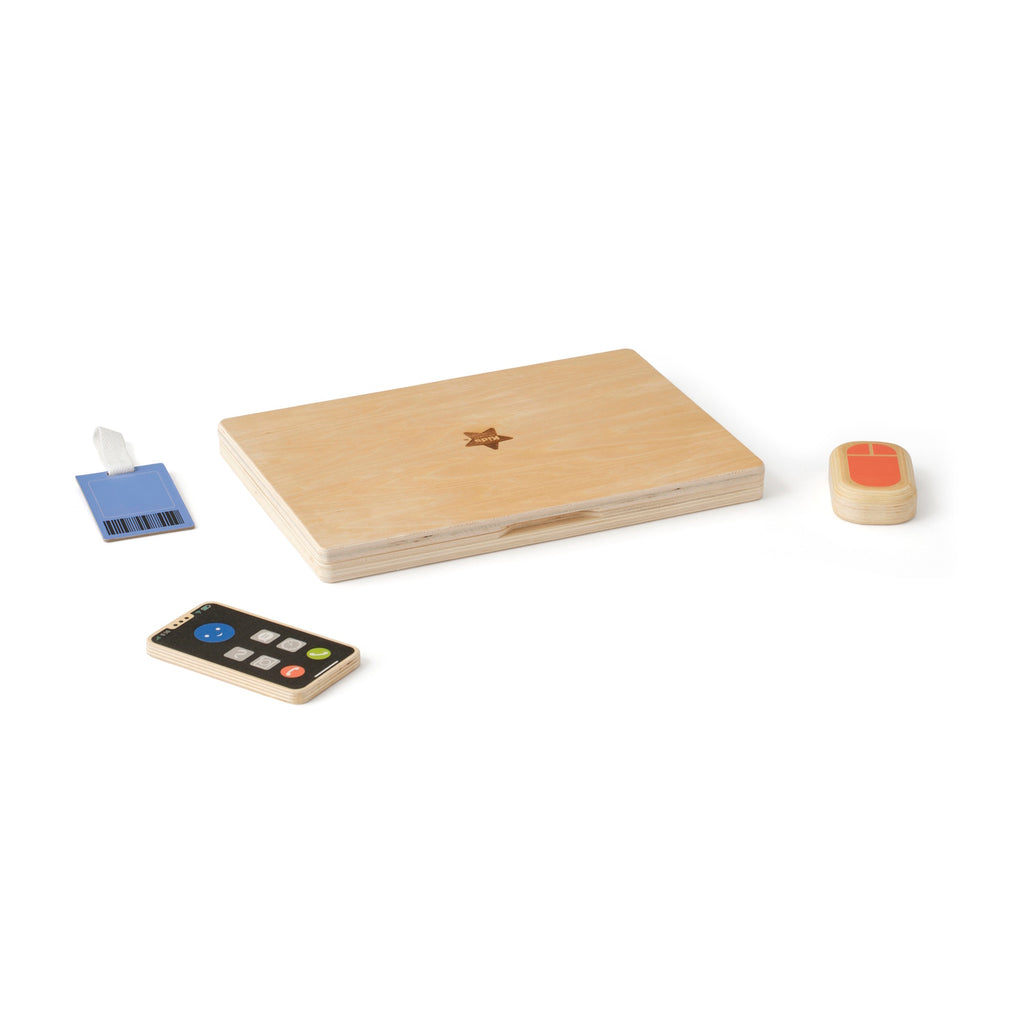 Wooden toy laptop set includes a laptop, smartphone, and mouse on a white background.