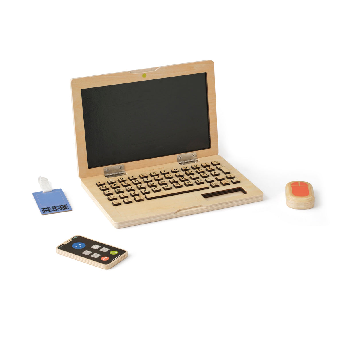Wooden toy laptop play set with mouse, smartphone, and ID badge on a white background.