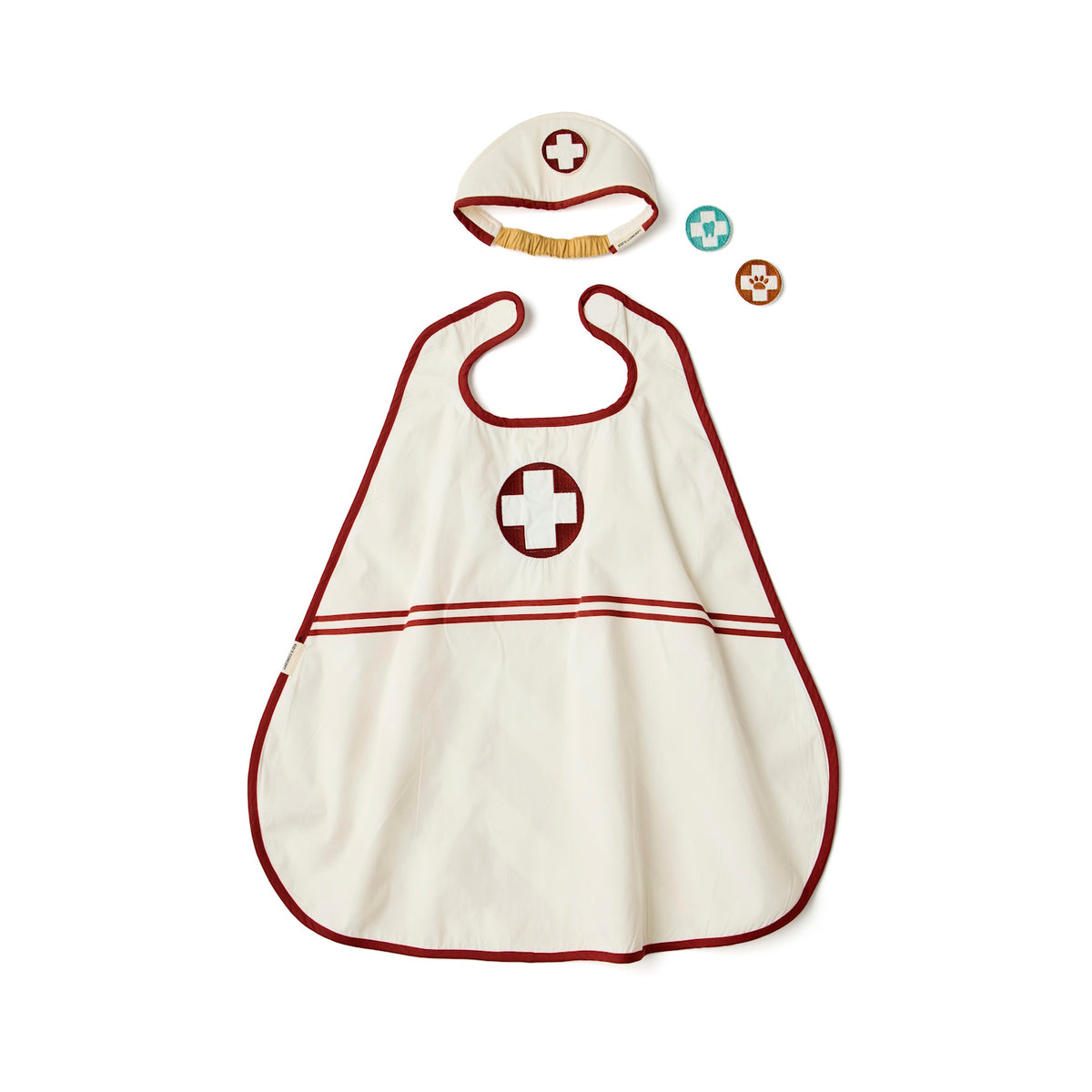Kids doctor dress-up costume set featuring a white apron, medical cap, and round badges.