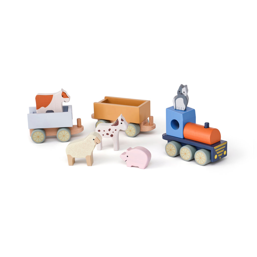 Wooden toy train with detachable colorful cars and animal figures, including a horse, sheep, and pig, on a white background. Playful and cheerful design.