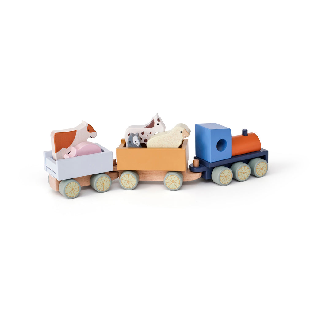 Toy wooden train with blue engine and two cars carries farm animal figures, including a cow and sheep. Bright colors convey a playful, cheerful tone.
