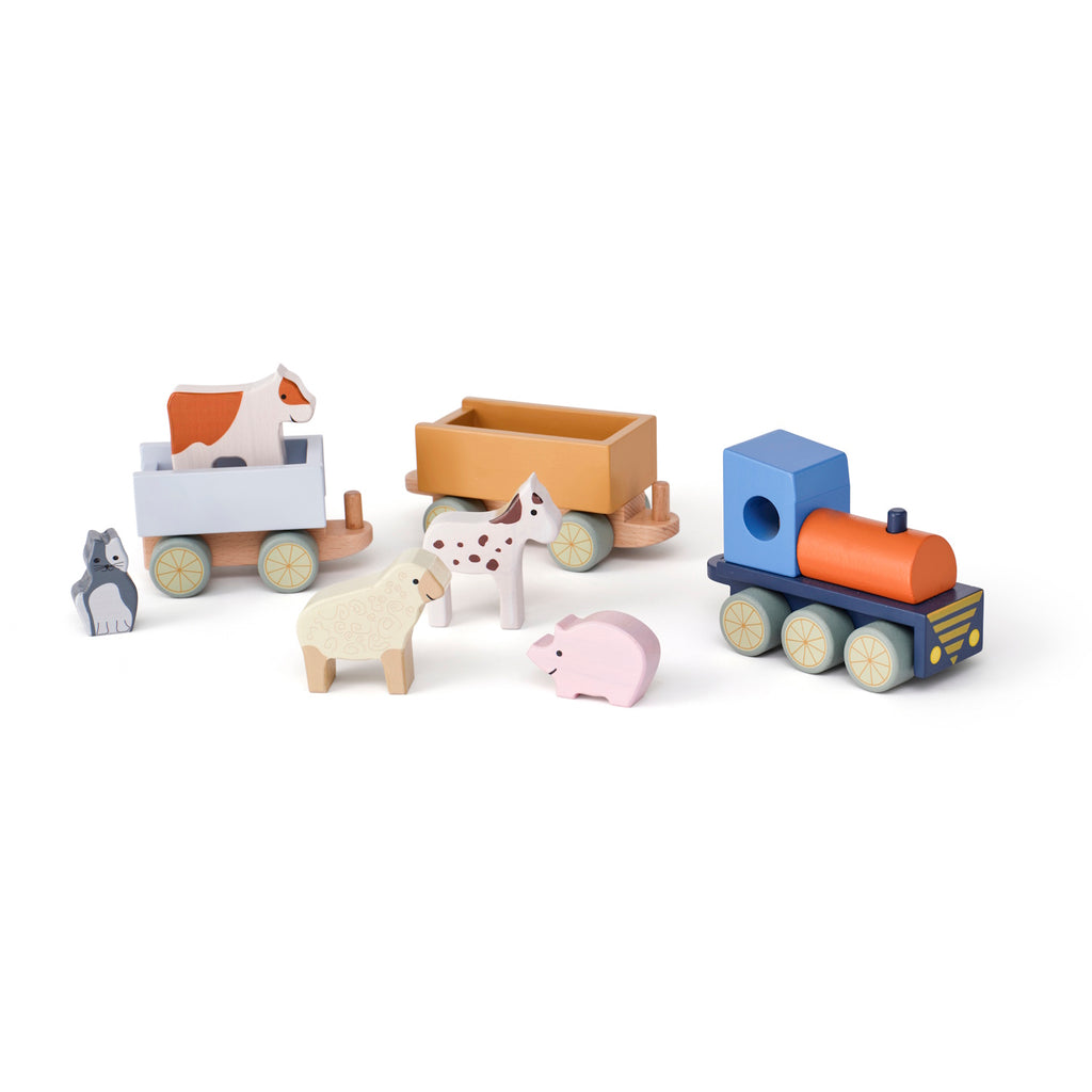 Wooden toy train set with colorful cars and animal figures: cow in light blue car, horse, pig, sheep, and dog nearby; fun and playful tone.