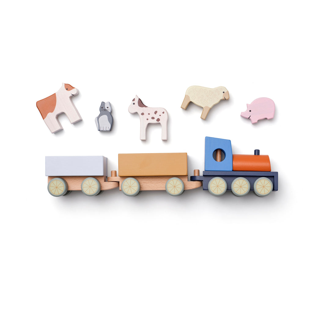 Wooden toy train with pastel colors, featuring a blue and orange engine and two boxcars. Above, there are five animal figures: cow, rabbit, horse, sheep, and pig.