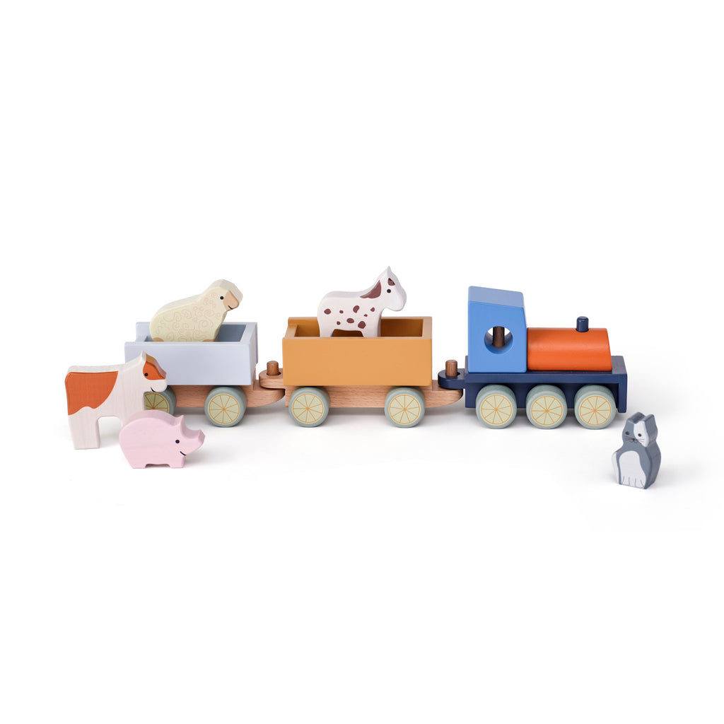 Wooden toy train with blue and orange engine, carrying animal figures like a horse and sheep. A cow, pink rhino, and grey cat are beside it.