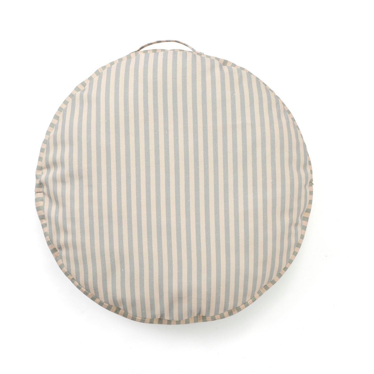 Round floor cushion featuring light grey and beige vertical stripes with a fabric handle on top.