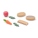 Wooden toy pet care kit with play food, comb, and brushes on a white background.