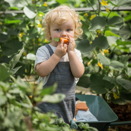Toddler pretending to eat a toy wooden carrot in a green garden setting.