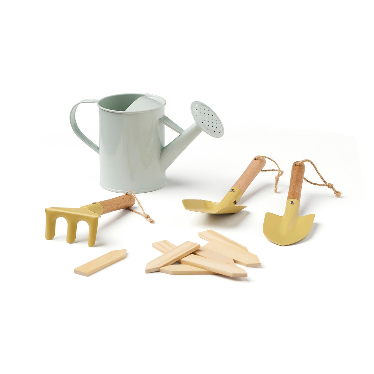 Kids toy gardening set with watering can, small yellow hand tools, and wooden plant markers.