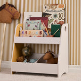 Brown corduroy hobby horse next to a bookshelf filled with books and toys against striped wallpaper.