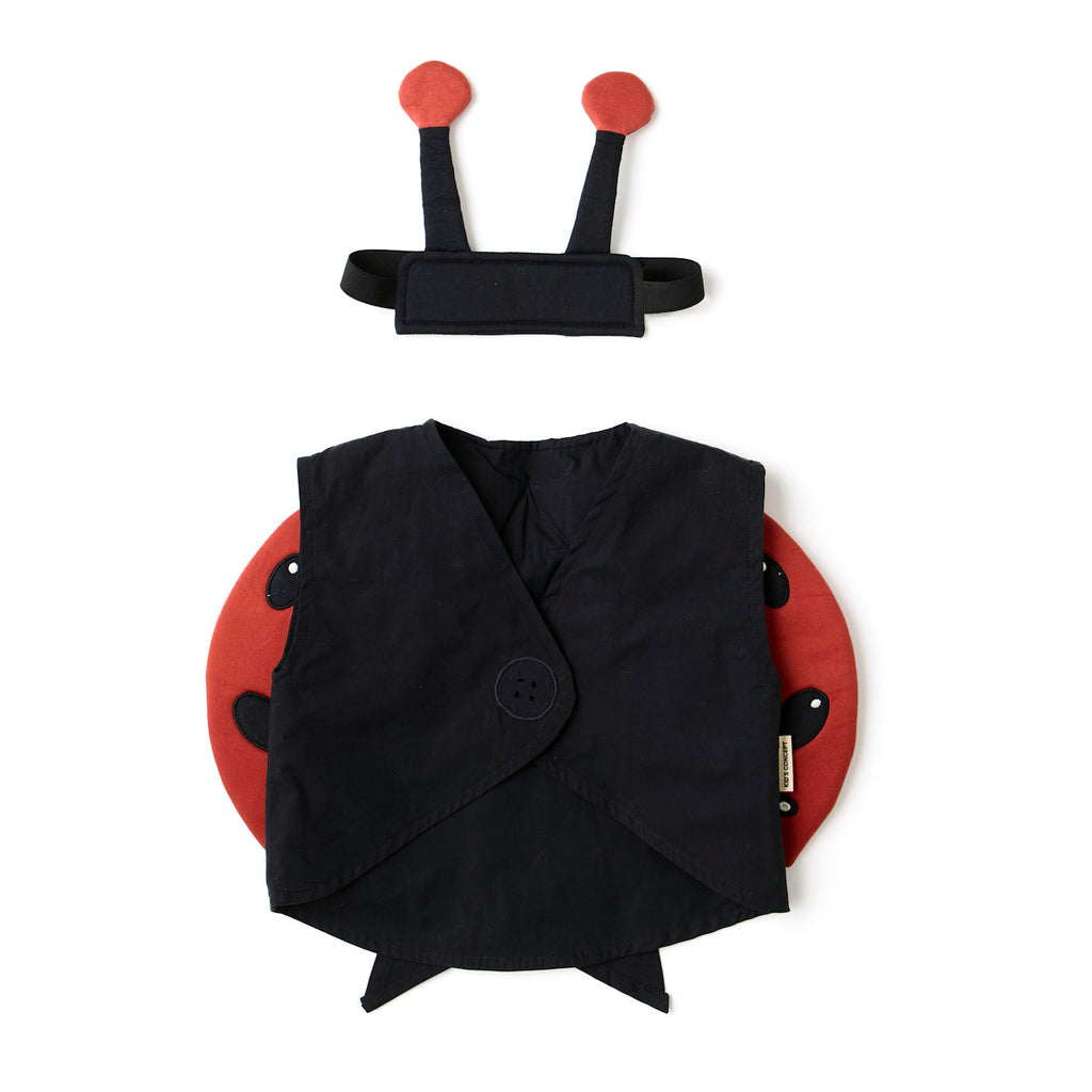 Children’s ladybug costume with a red shell featuring black spots and a matching headband with antennae laid in a white background.