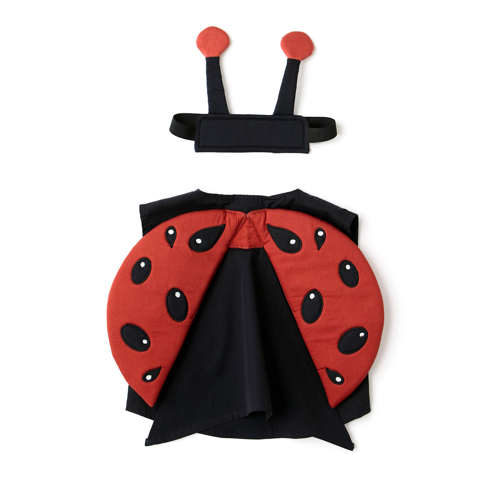 Children’s ladybug costume with a red shell featuring black spots and a matching headband with antennae laid in a white background.