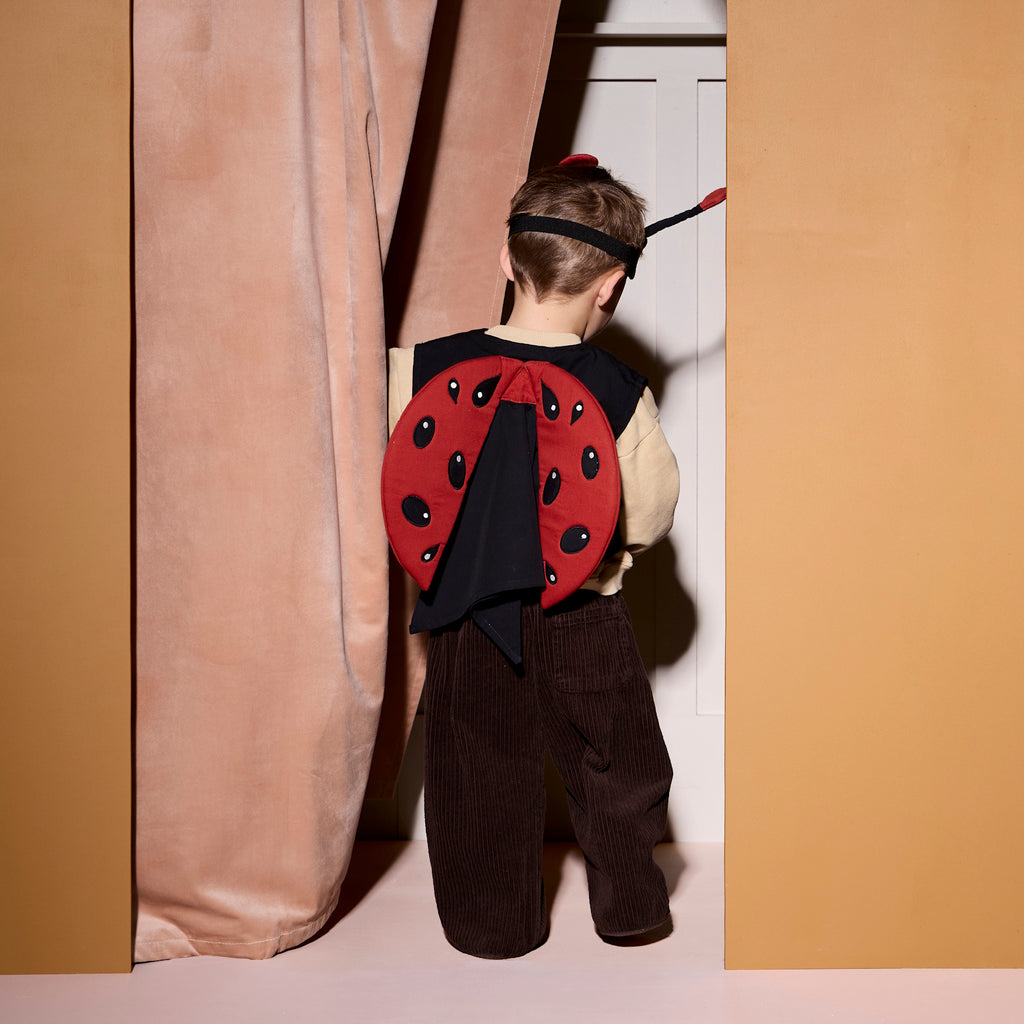Children’s ladybug costume with a red shell featuring black spots and a matching headband with antennae.