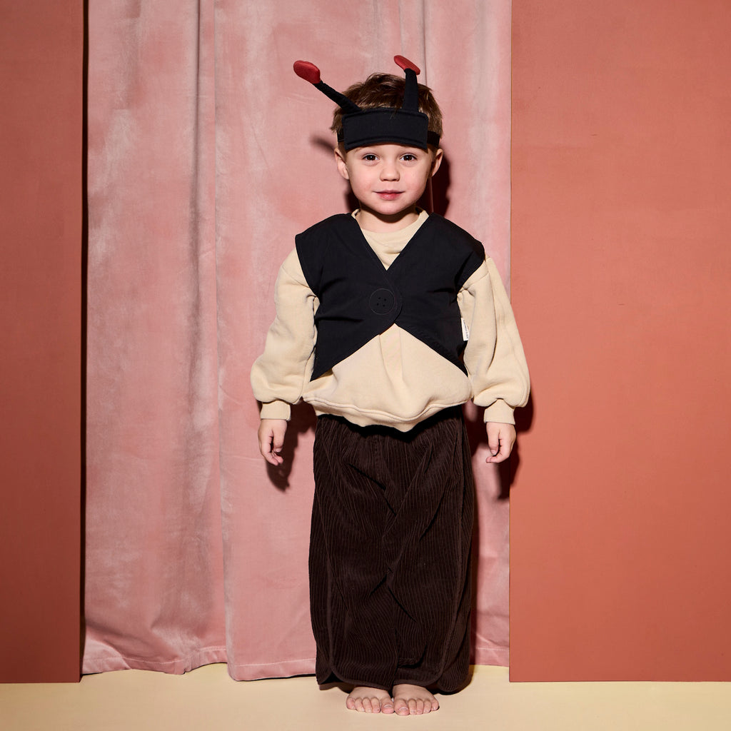 Children’s ladybug costume with a red shell featuring black spots and a matching headband with antennae.