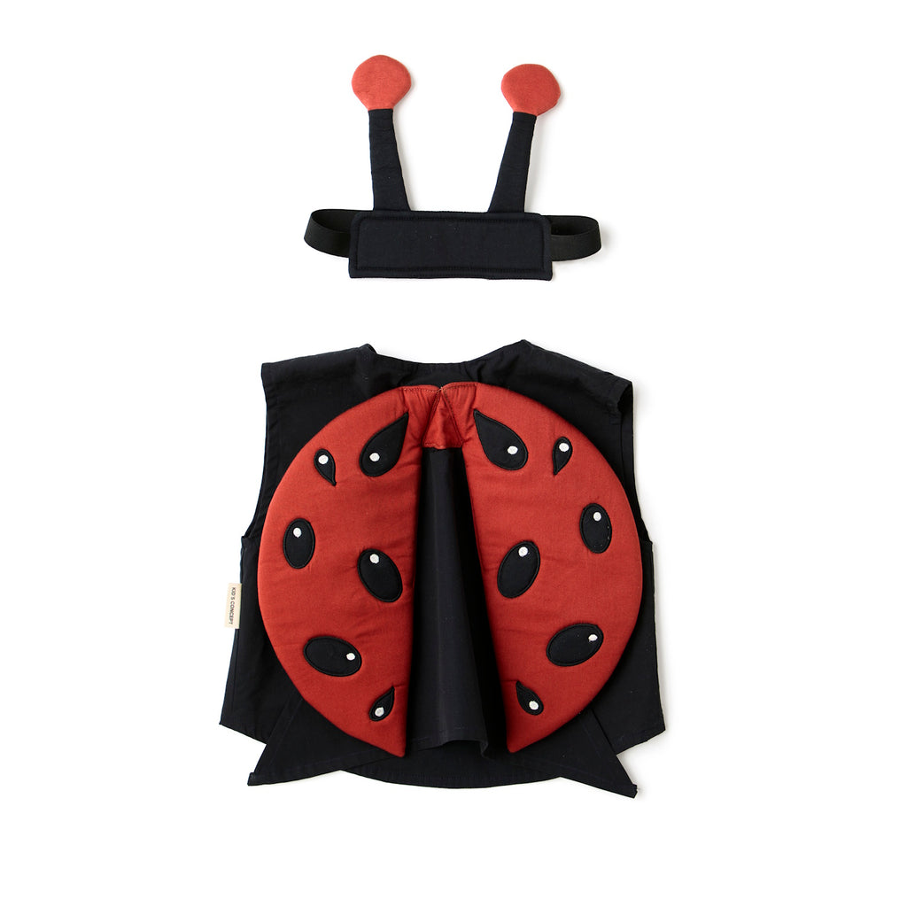 Children’s ladybug costume with a red shell featuring black spots and a matching headband with antennae laid in a white background.
