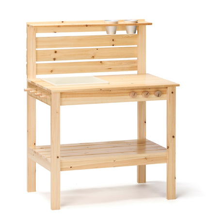 Wooden play mud kitchen featuring a built-in sink, turnable knobs, and top storage shelf.
