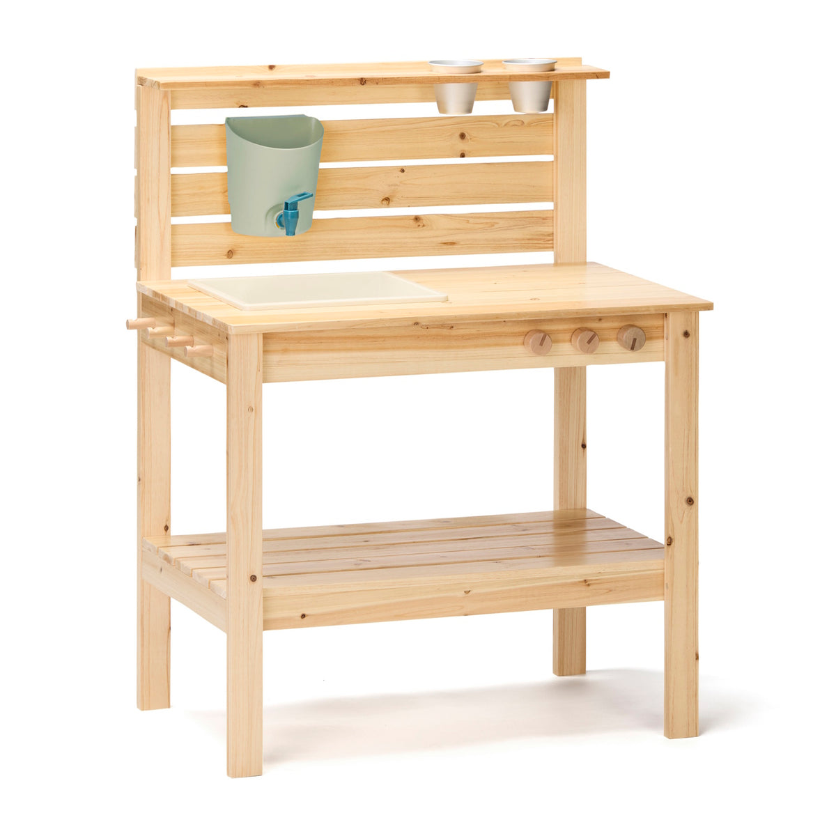 Wooden outdoor play mud kitchen with a sink, water dispenser, and lower storage shelf.