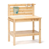 Wooden outdoor play mud kitchen with a sink, water dispenser, and lower storage shelf.