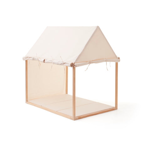 Off-white play house tent with wooden frame and fabric back wall on a white background.