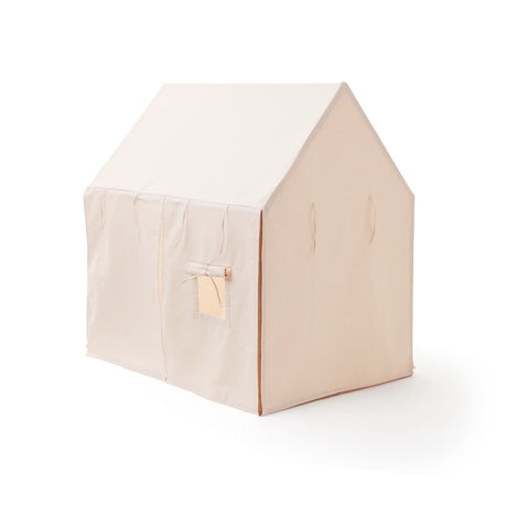 Off-white play house tent fully enclosed with a rolled-up window cover, on a white background.