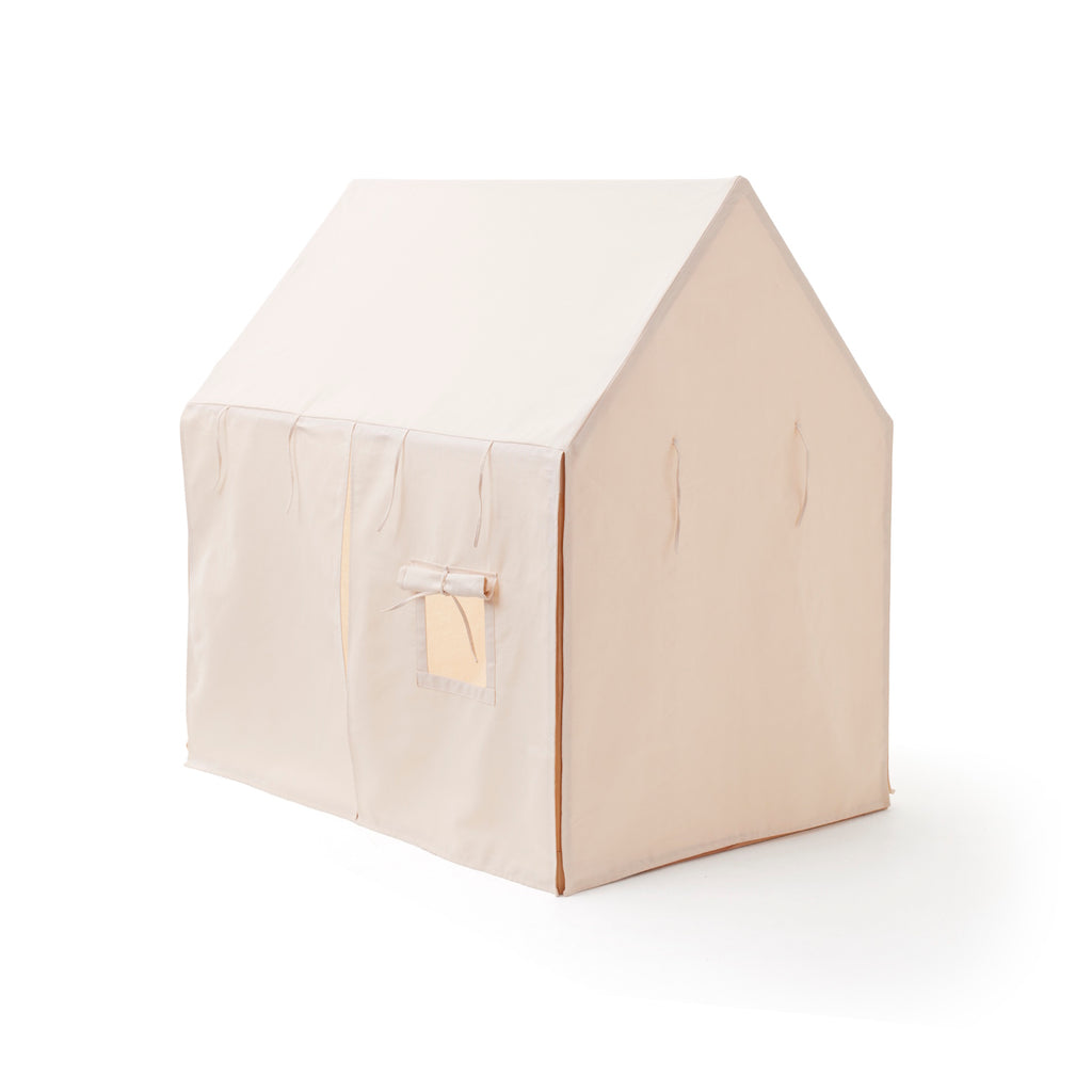 A children's play tent with an off-white canvas roof and wooden frame, designed for imaginative play and indoor fun.
